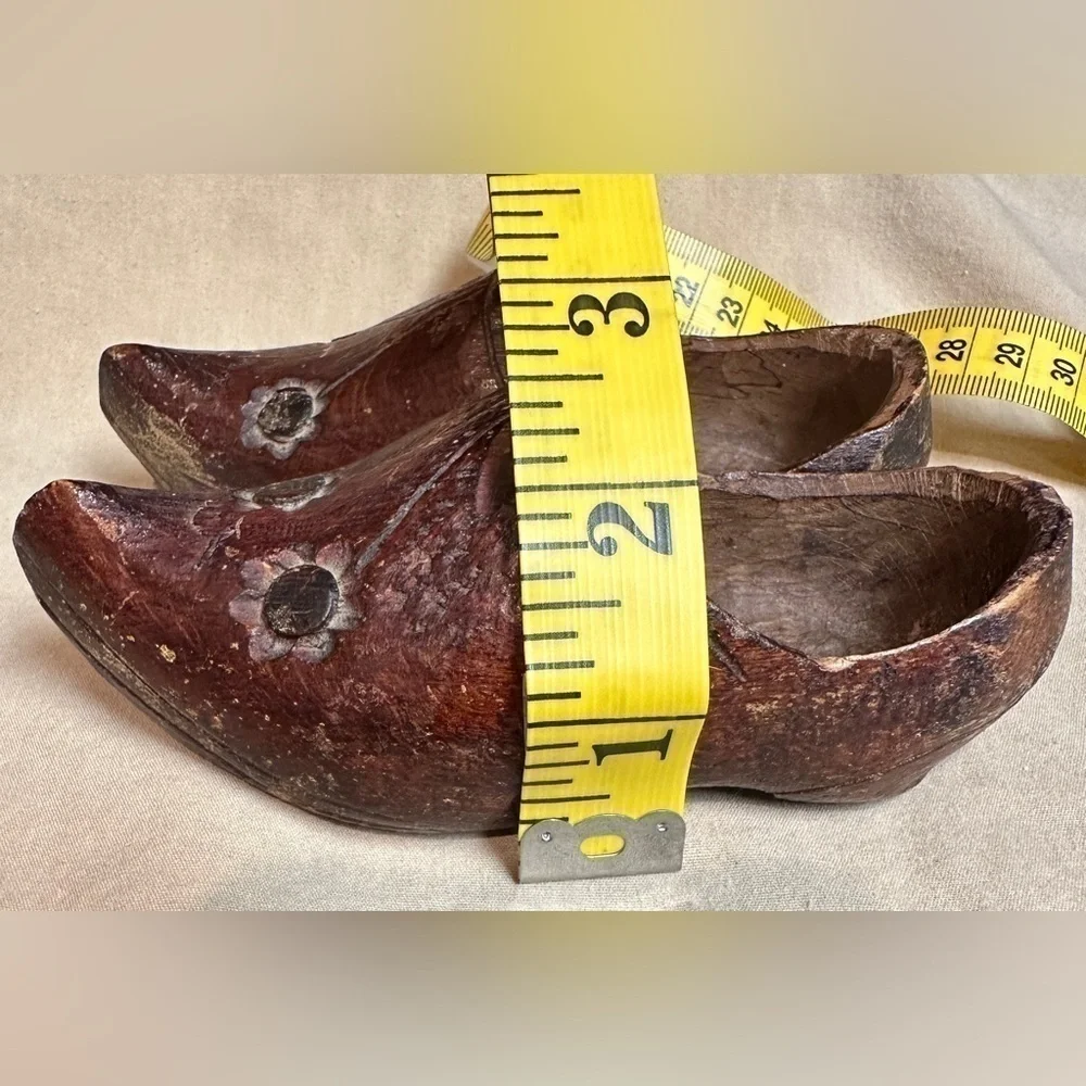 Rustic Hand Carved Antique Vintage Miniature Wooden Souvenir Clogs Flower Detail